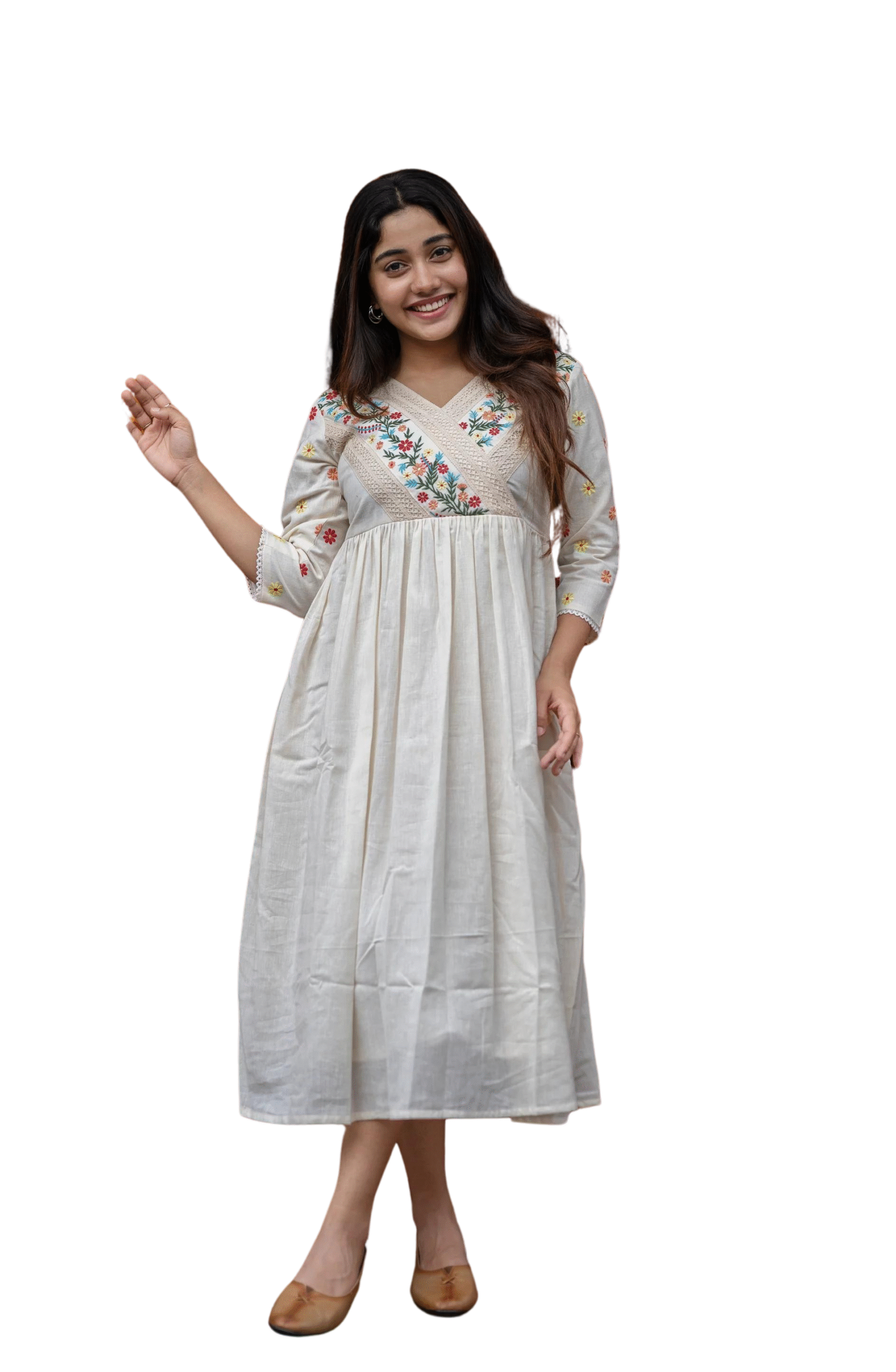 Artfully Adorned ? Women's XXL Dress in Cotton with Floral Embroidery(L)