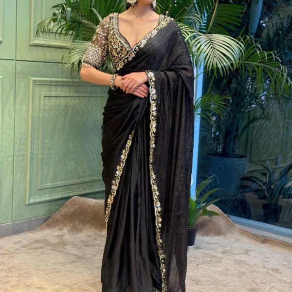 Women's Elegant Black Georgette/Chiffon Saree with Intricate Gold & Silver Embellished Border – Paired with Heavy Sequin & Zari Work Blouse for Festive & Wedding Wear