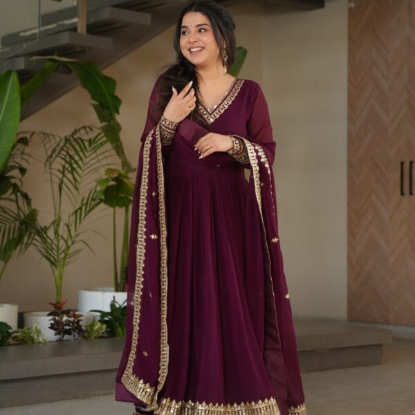 Women's Regal Wine Purple Anarkali Gown with Intricate Golden Gota Patti Work – Complete with Matching Dupatta for Festive & Wedding Wear
