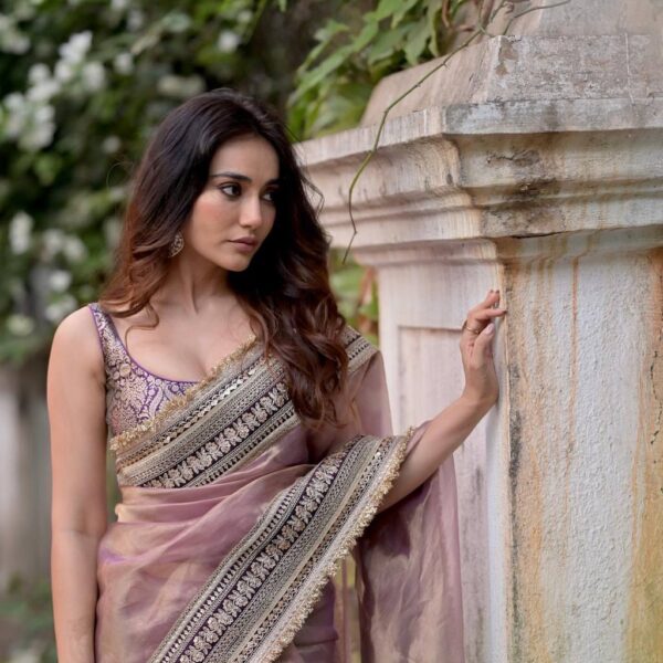 Women's Luxurious Mauve & Purple Art Silk Saree with Intricate Golden Zari & Broad Embroidered Border β Complete with Brocade Blouse for Festive & Wedding Wear