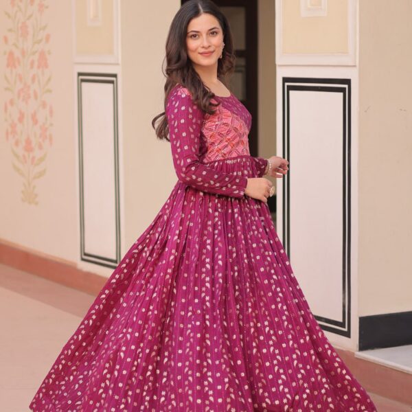 Women's Festive Berry Purple Printed Anarkali Gown with Intricate Zari Work & Embellished Yoke – Perfect for Traditional & Celebration Wear