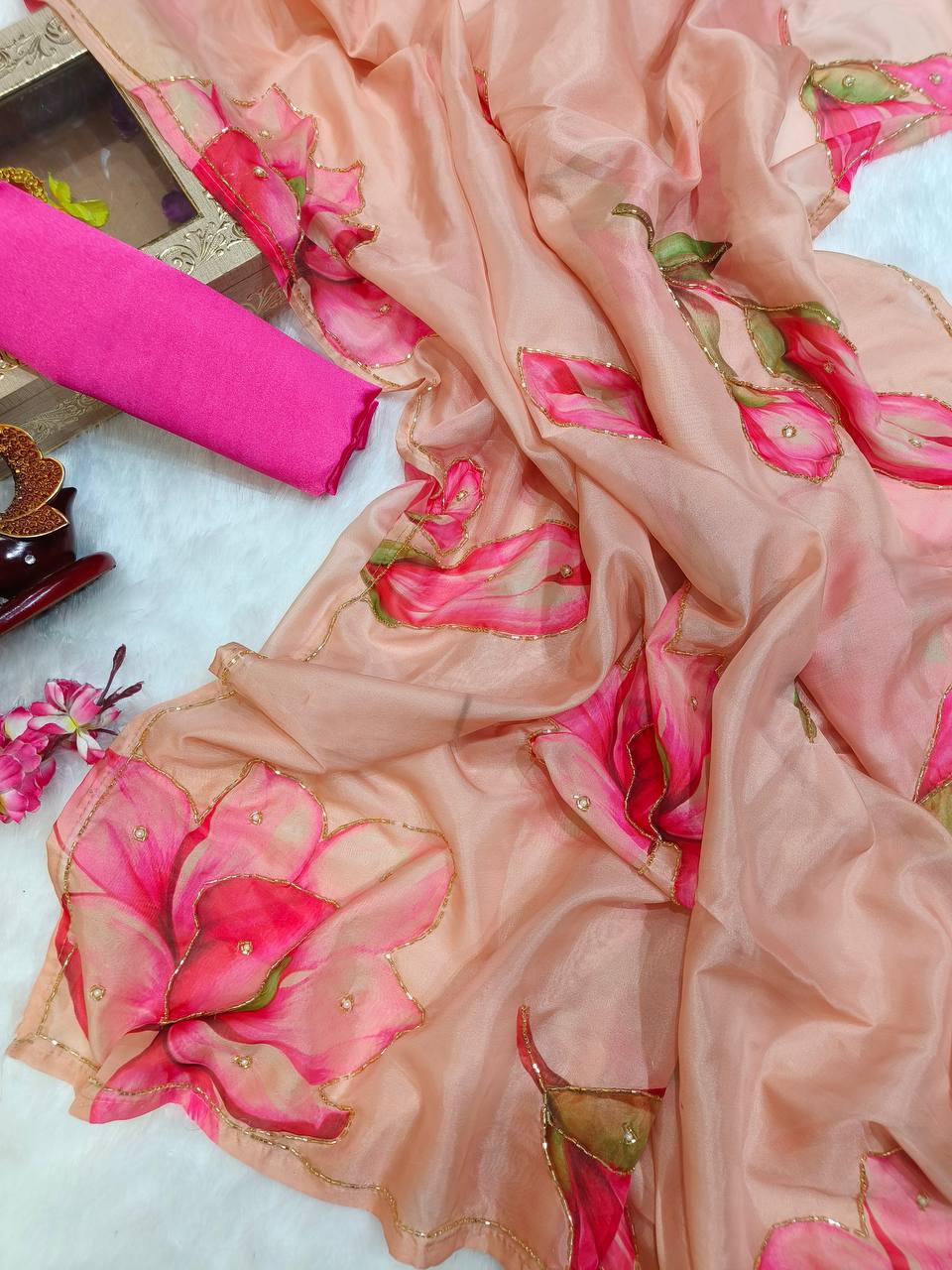 Women's Vibrant Rani Pink Floral Japanese Chiffon Saree with Hand-Painted/Printed Motifs β Perfect for Summer & Casual Festive Wear - Image 6