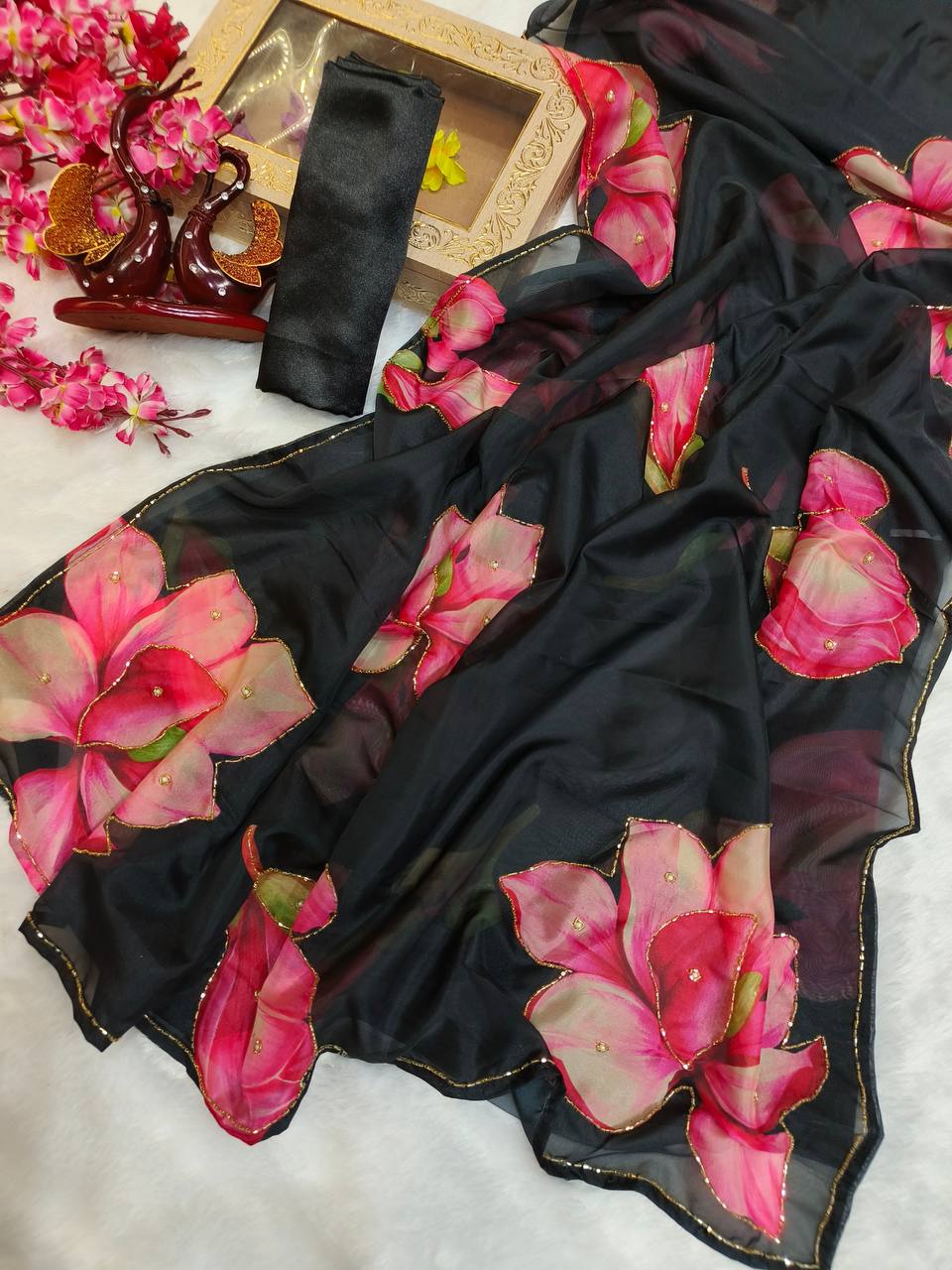 Women's Vibrant Rani Pink Floral Japanese Chiffon Saree with Hand-Painted/Printed Motifs β Perfect for Summer & Casual Festive Wear - Image 8