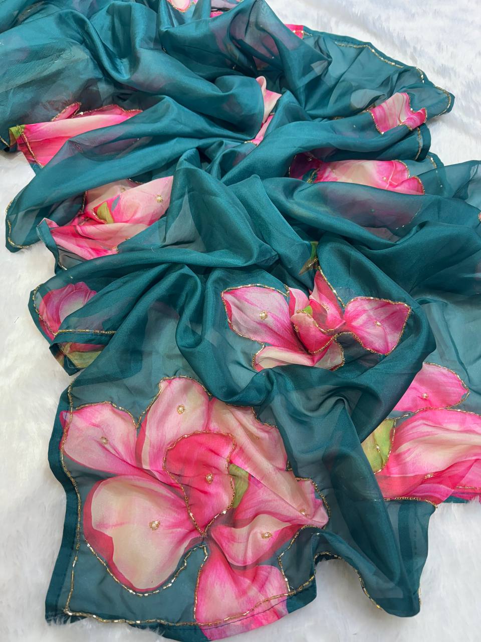 Women's Vibrant Rani Pink Floral Japanese Chiffon Saree with Hand-Painted/Printed Motifs β Perfect for Summer & Casual Festive Wear - Image 10