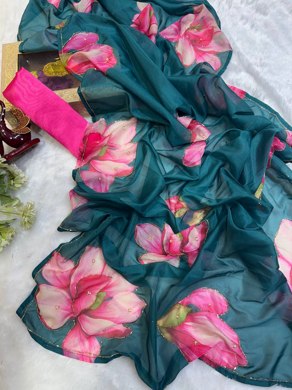Women's Vibrant Rani Pink Floral Japanese Chiffon Saree with Hand-Painted/Printed Motifs β Perfect for Summer & Casual Festive Wear - Image 11